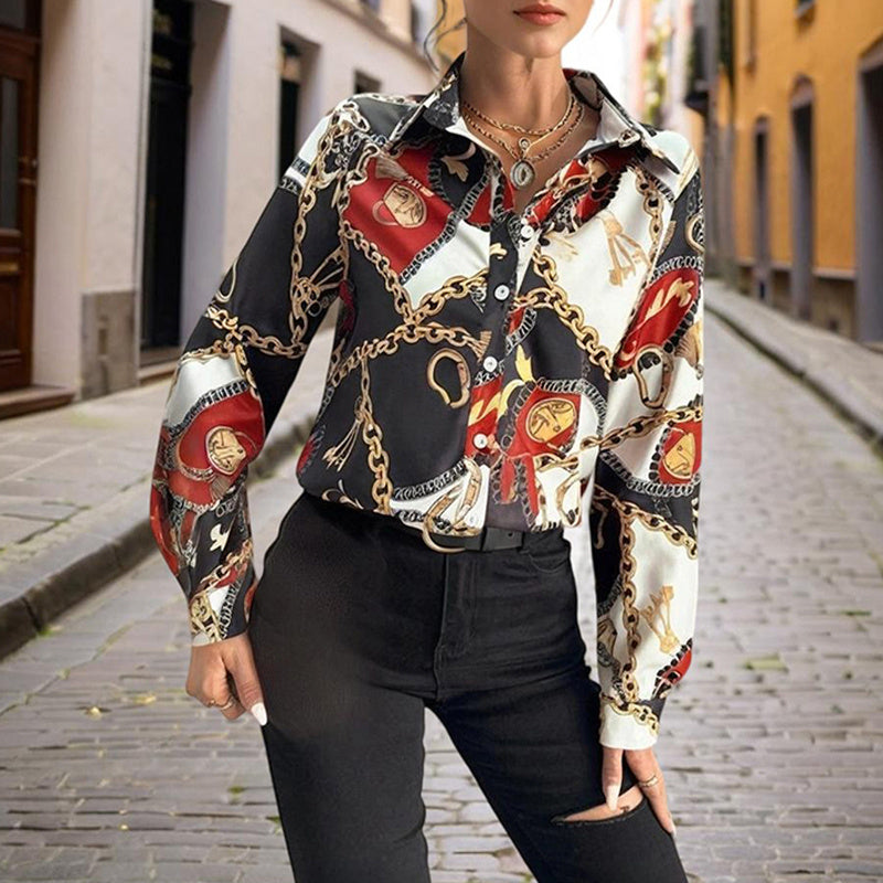 Women's Lapel Long Sleeve Shirt - Fitted Cut Intricate Print Button-Up Design Casual