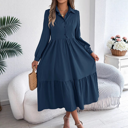 Women's Lapel Casual Loose Long Sleeve Ruffled Shirt Dresses