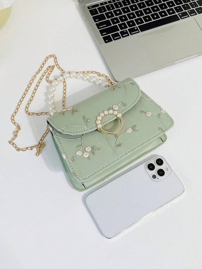 Fashionable Small Square Bag – Pearl Handle Shoulder & Crossbody