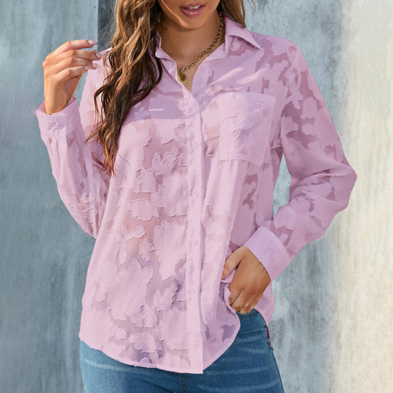 Women's Casual Sheer Button Down Shirts Long Sleeve V Neck Jacquard Blouses Tops