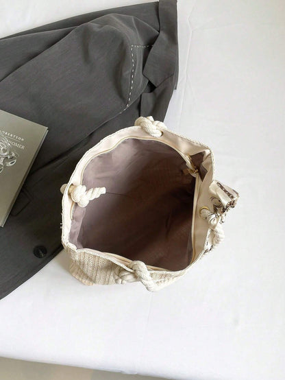 Women’s Woven Straw Tote Bag – New Style Large Capacity Handbag with Silk Scarf