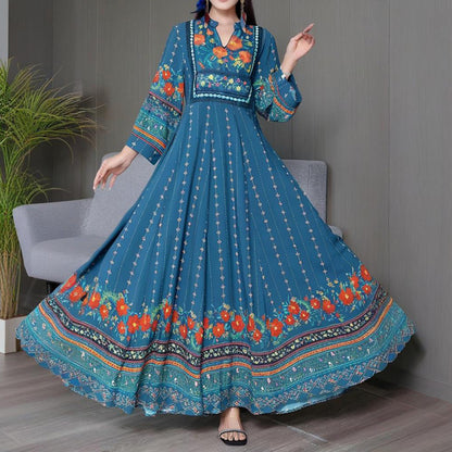 Women's Ethnic Style V-Neck Long Sleeve Dress