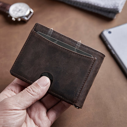 Men’s Genuine Leather Slim Bifold Wallet with AirTag Holder – RFID Blocking Front Pocket Wallet with Money Clip & ID Window