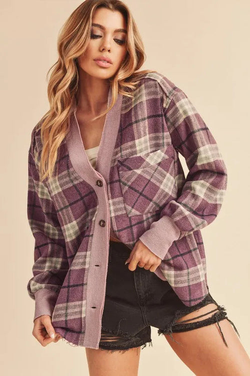 Aemi + Co Side Slit Patch Pocket Plaid Button Down Jacket