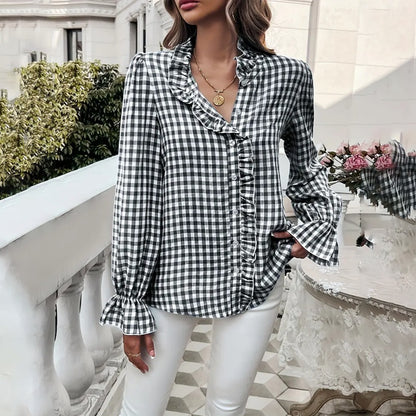 Women's French Style Checkered Button-Up Shirt - Elegant Plaid Pattern, Stand Collar With Ruffled Cuffs, Comfortable Wear