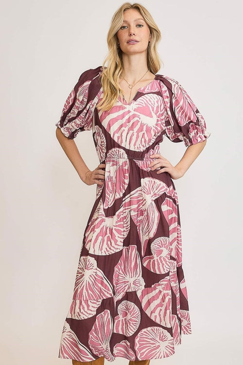 Umgee Full Size Printed Notched Puff Sleeve Midi Dress Plus Size