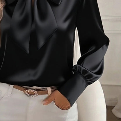 Women's Solid Color Satin Long Sleeve Casual Shirt With Bow Decor Blouse