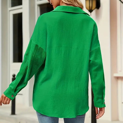 Women's Solid Color V-Neck Long Sleeve Blouse - Textured Button-Up Shirt