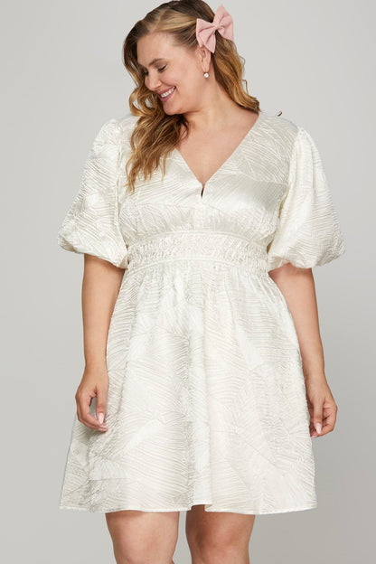 She + Sky Crinkle Woven V-Neck Balloon Sleeve Mini Dress