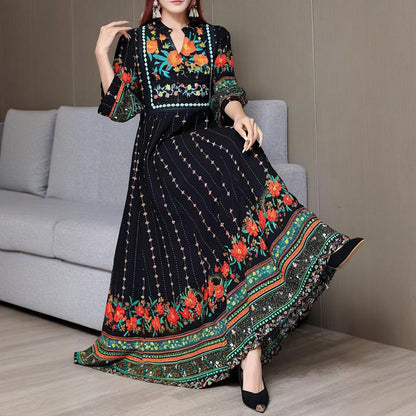 Women's Ethnic Style V-Neck Long Sleeve Dress