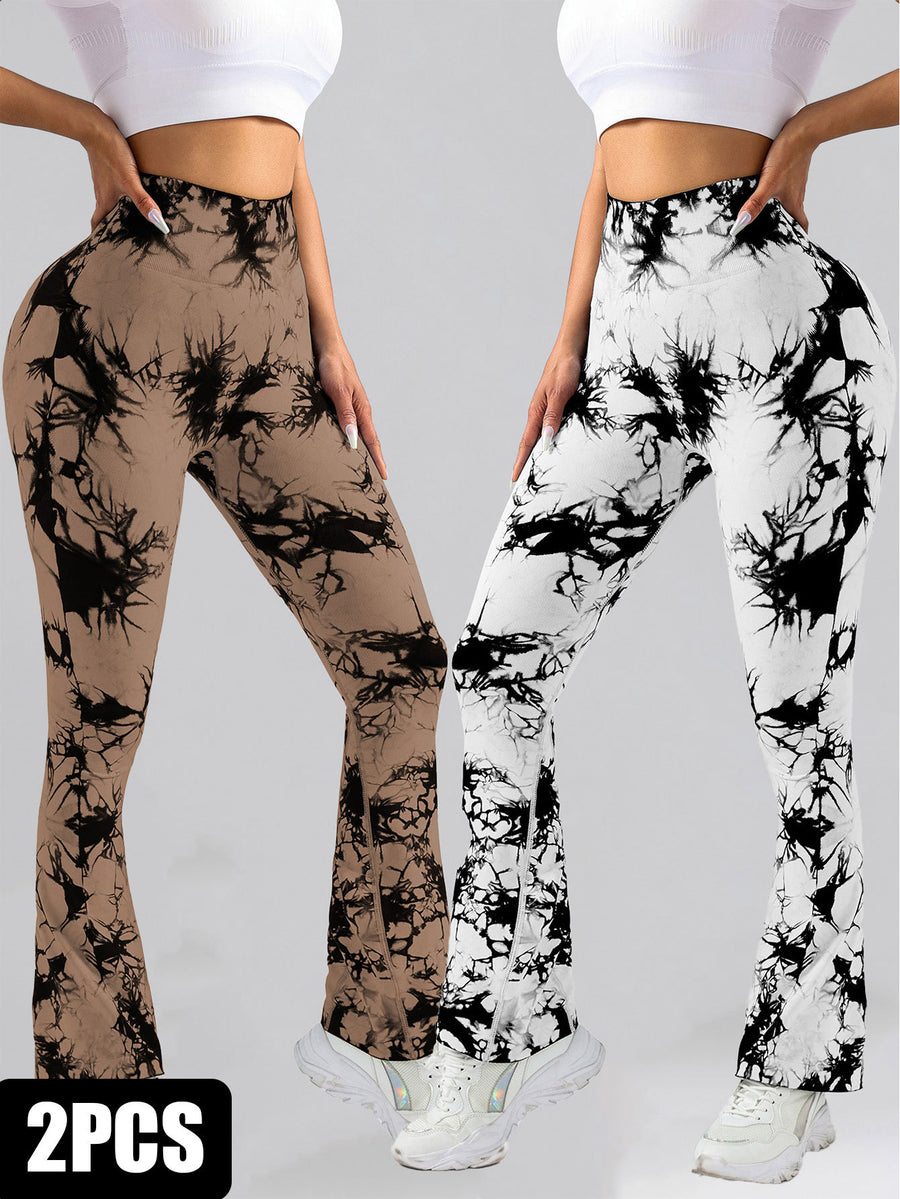 2 Pack Tie Dyed High Waisted Flared Butt-lifting Fitness Sports Women's Yoga Bell-bottom Pants