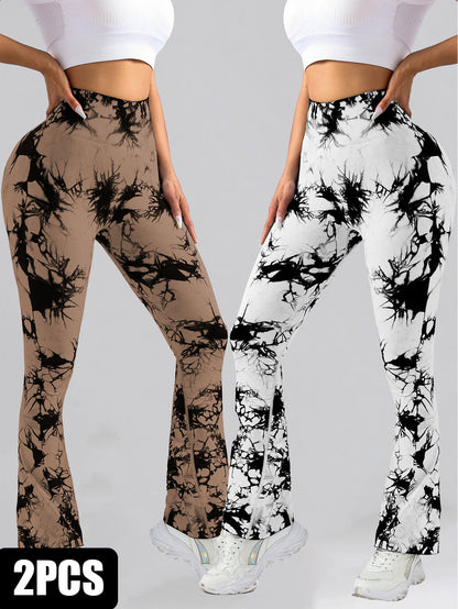 2 Pack Tie Dyed High Waisted Flared Butt-lifting Fitness Sports Women's Yoga Bell-bottom Pants