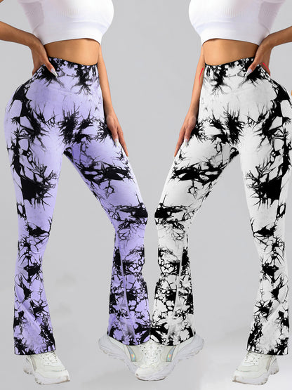 2 Pack Tie Dyed High Waisted Flared Butt-lifting Fitness Sports Women's Yoga Bell-bottom Pants