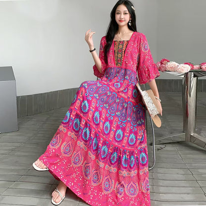 Summer Vintage Cotton Silk Ethnic Style Embroidered Dress Women