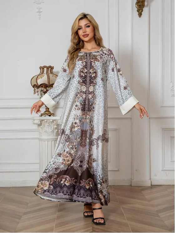 Elegant Floral Print Long Sleeve Abaya Dress