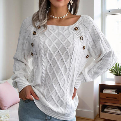 Women's Solid Color Casual Square Neck Button-Detail Knit Top - Textured Ribbed Pattern, Cozy Sweater