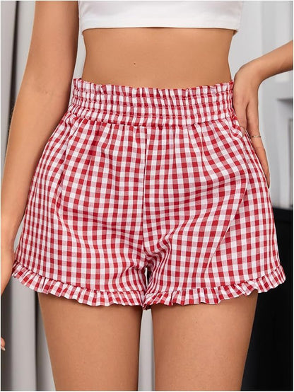 Women's Plaid Print Patched Decor Button Front Elastic Waist Shorts