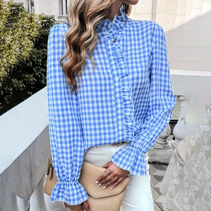 Women's French Style Checkered Button-Up Shirt - Elegant Plaid Pattern, Stand Collar With Ruffled Cuffs, Comfortable Wear