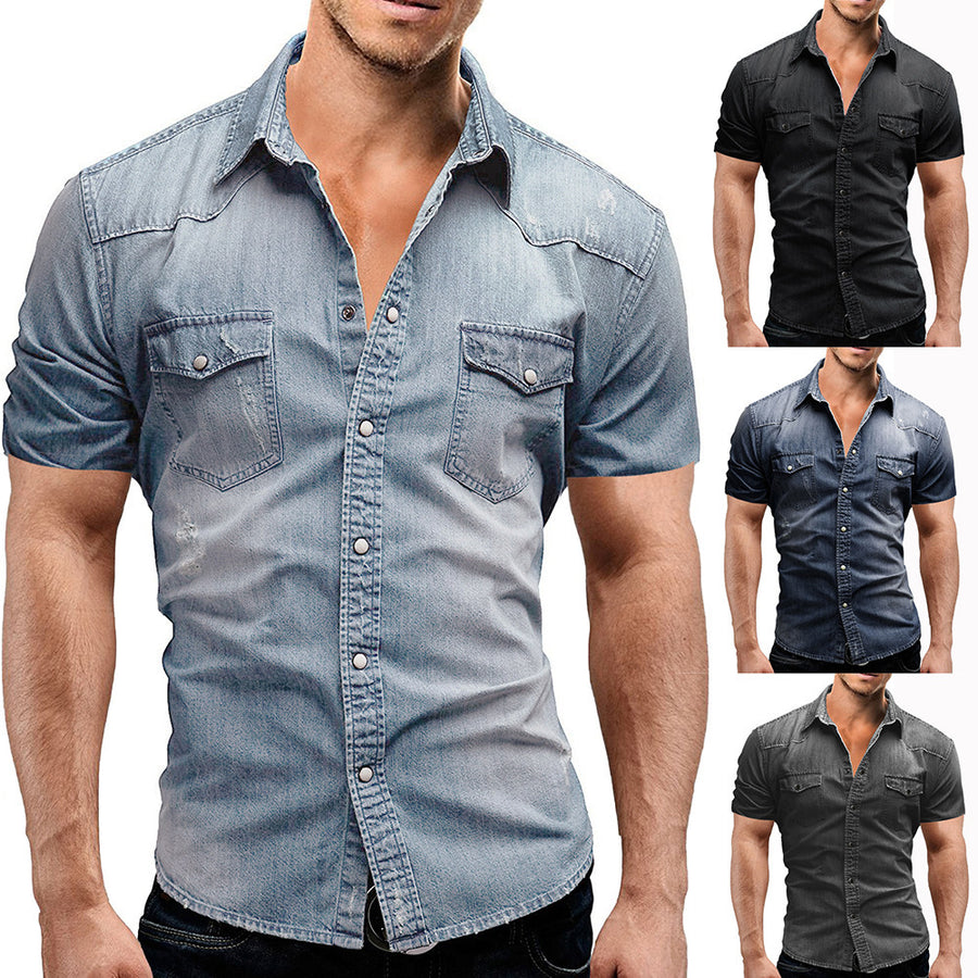 Casual Solid Color Men's Denim Short Sleeve Shirt