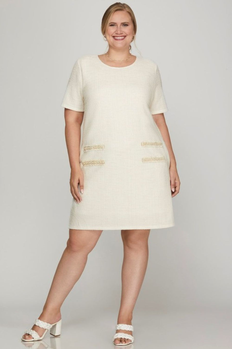 She + Sky Full Size Short Sleeve Pearl Studded Trim Knit Tweed Dress