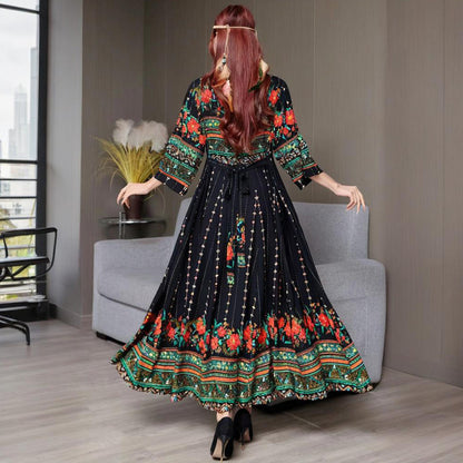 Women's Ethnic Style V-Neck Long Sleeve Dress