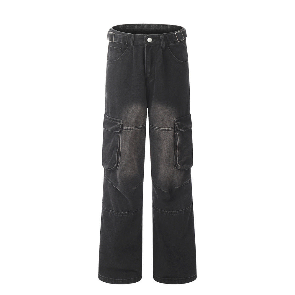 Punk Old Wash Denim Cargo Pants Trousers Men