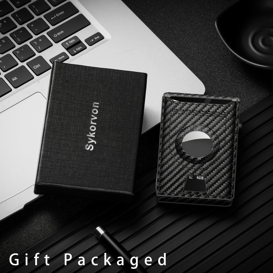 Men’s Carbon Fiber RFID Bi-Fold Wallet – Minimalist Black Credit Card Holder with Pop-Up Aluminum Slot & AirTag Holder