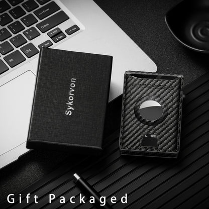 Men’s Carbon Fiber RFID Bi-Fold Wallet – Minimalist Black Credit Card Holder with Pop-Up Aluminum Slot & AirTag Holder