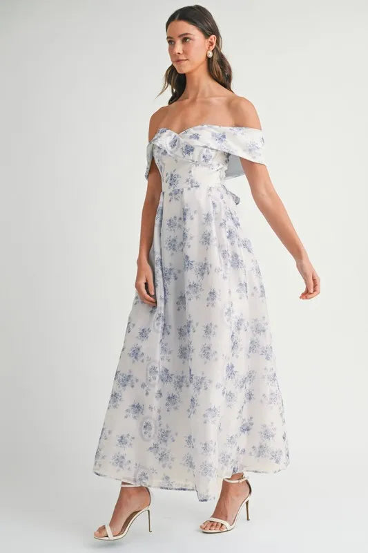 MABLE Floral Printed Off Shoulder Maxi Dress