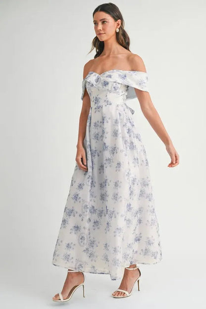 MABLE Floral Printed Off Shoulder Maxi Dress