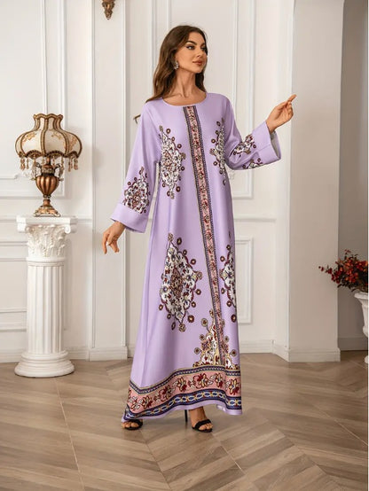 Elegant Floral Print Long Sleeve Abaya Dress