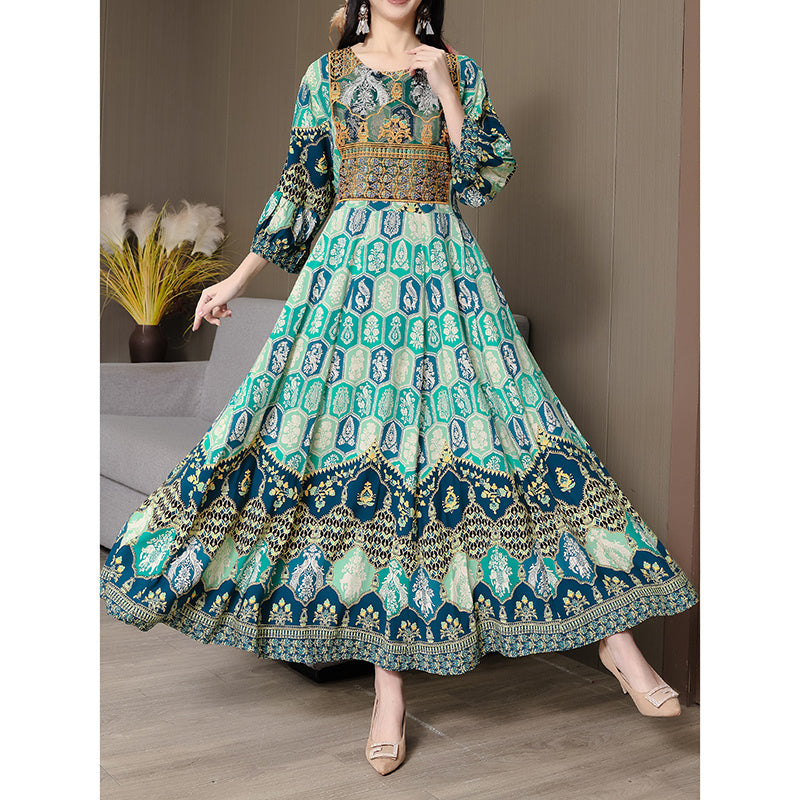 Women's Bohemian Print Maxi Dress, Ethnic Style Round Neck 3 4 Sleeve Embroidered Flowy Party Dress