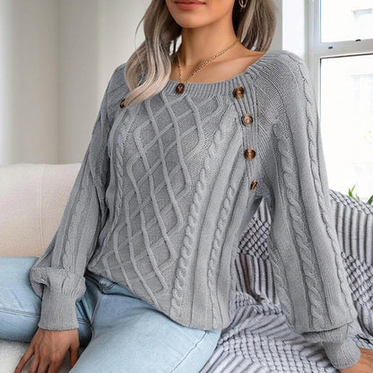Women's Solid Color Casual Square Neck Button-Detail Knit Top - Textured Ribbed Pattern, Cozy Sweater