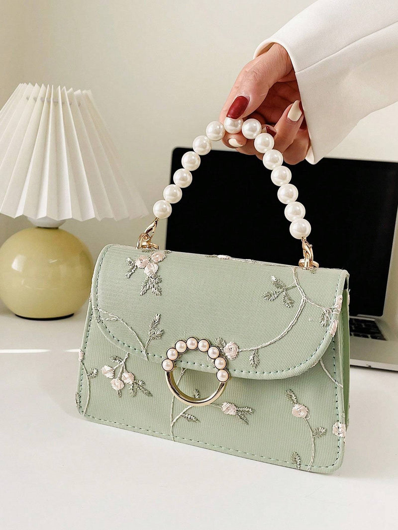 Fashionable Small Square Bag – Pearl Handle Shoulder & Crossbody