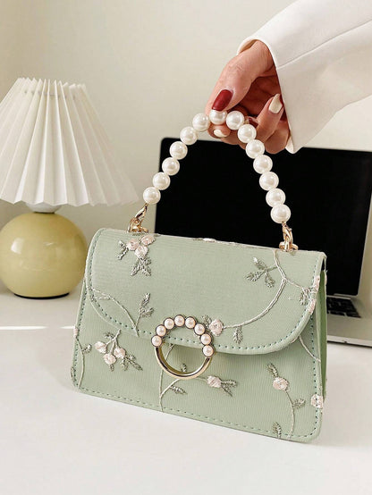 Fashionable Small Square Bag – Pearl Handle Shoulder & Crossbody