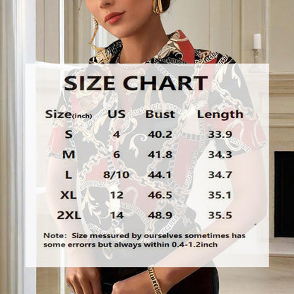 Women's Lapel Collar Short Sleeve Shirt - Chain Print Design, Button-Up Casual Top Comfortable