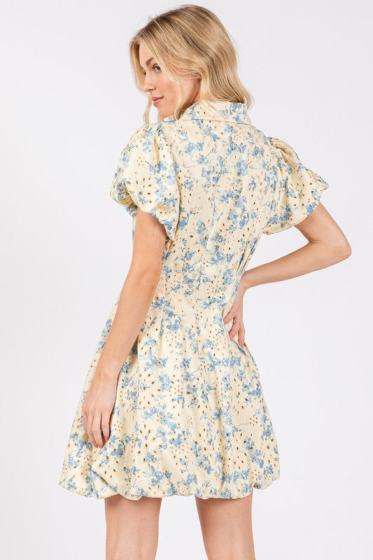 GeeGee Floral Eyelet Zipper Front Puff Sleeve Mini Dress