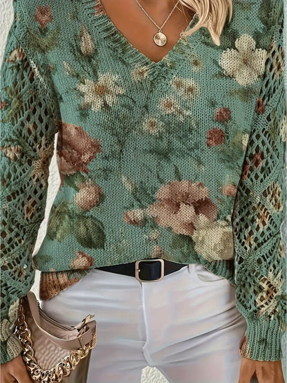 Elegant Bohemian Floral V-neck Long Sleeve Fashion Printed Sweater