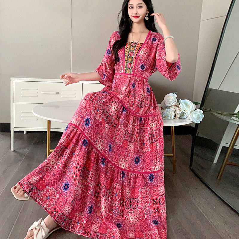 Summer Vintage Cotton Silk Ethnic Style Embroidered Dress Women