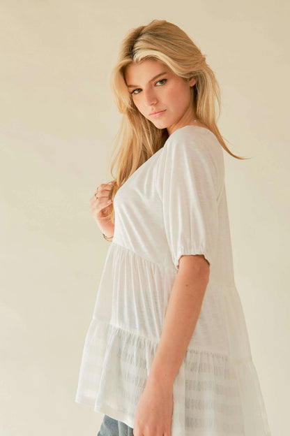 Davi & Dani Ruffled Flared Short Sleeve V Neck Blouse