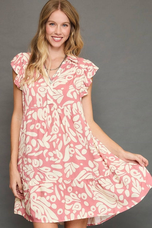 Umgee Full Size Two Tone Printed Ruffled Cap Sleeve Mini Dress Plus