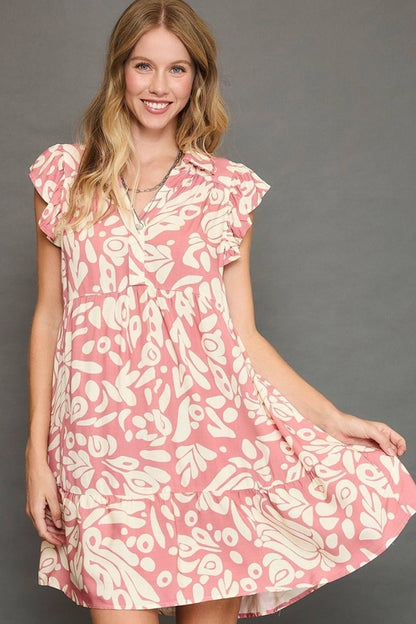 Umgee Full Size Two Tone Printed Ruffled Cap Sleeve Mini Dress Plus
