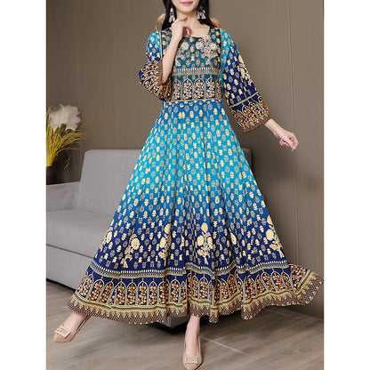 Women's Bohemian Chic Maxi Dress, Ethnic Style Embroidered Square Neck 3 4 Sleeve Flowy Party Dress