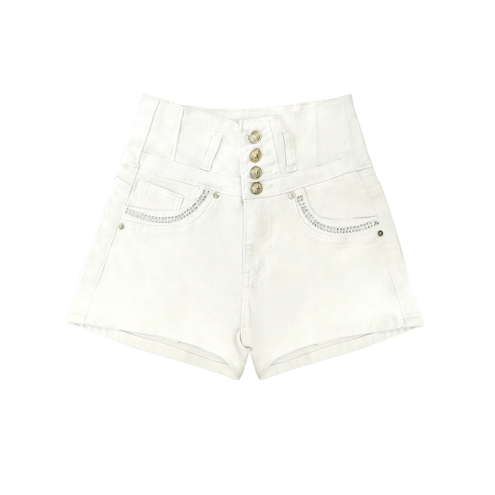 White High Waist Button Shorts Slim Fit Stretch Denim