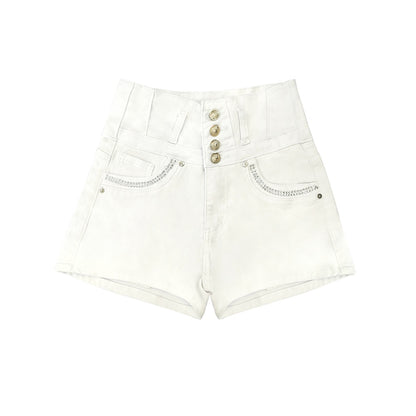 White High Waist Button Shorts Slim Fit Stretch Denim