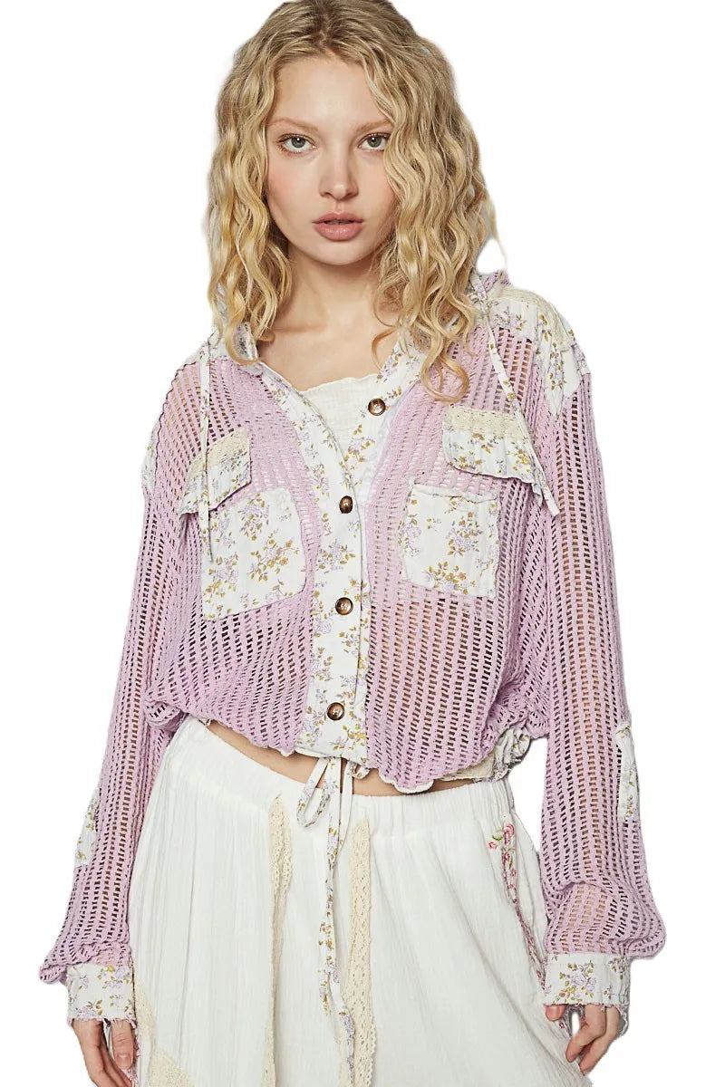 POL Vintage Washed Crochet Hoodie Jacket With Patchwork