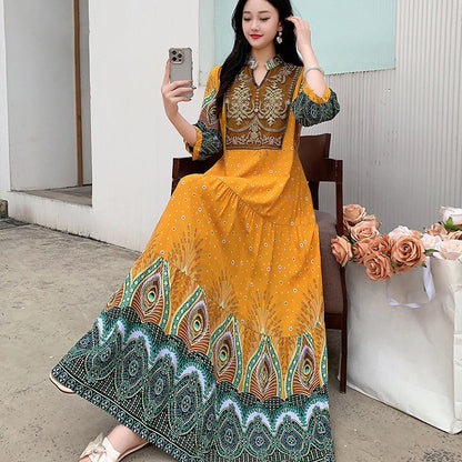 Ethnic Style Dress, Women's Summer Cotton Silk Floral Print