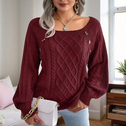 Women's Solid Color Casual Square Neck Button-Detail Knit Top - Textured Ribbed Pattern, Cozy Sweater