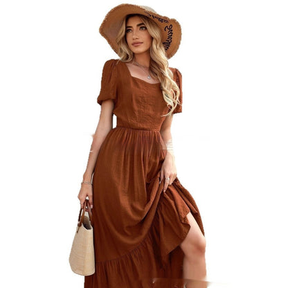 Women's Clothing Round-neck High Waist Solid Color Casual Patchwork Long Dress Women