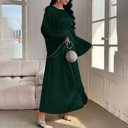 Elegant Round Neck Solid Color Flared Maxi Dress Long Sleeve With Pearl Cuff Detail, Modest A-Line Middle Eastern Abaya Party & Vacation Dress For Women